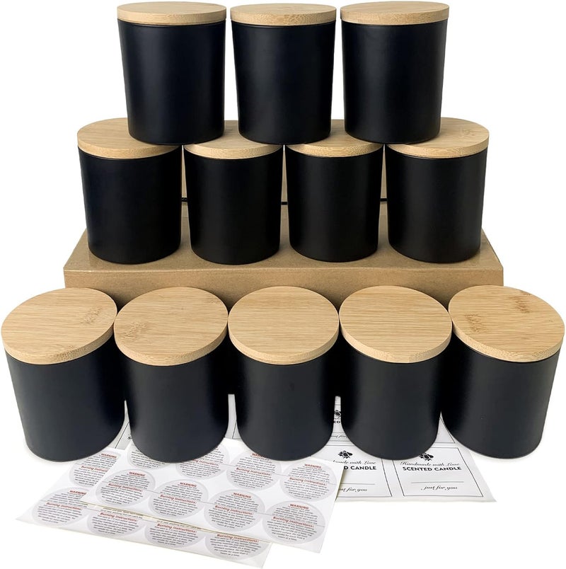 CONNOO 12 Pack 10 OZ Matte Black Glass Candle Jars for Making Candles with Airtight Bamboo Lids Nice Sticky Warning Labels for Candle Making Empty Container Bulk - Dishwasher Safe - Image 1