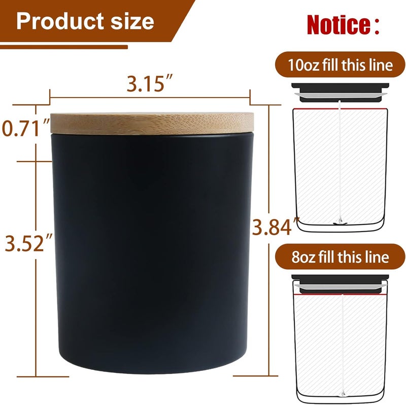 CONNOO 12 Pack 10 OZ Matte Black Glass Candle Jars for Making Candles with Airtight Bamboo Lids Nice Sticky Warning Labels for Candle Making Empty Container Bulk - Dishwasher Safe - Image 2