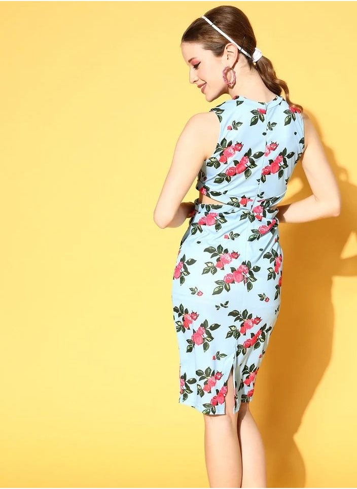 SASSAFRAS Women Blue Floral Side Cut Out Dress  - Image 3