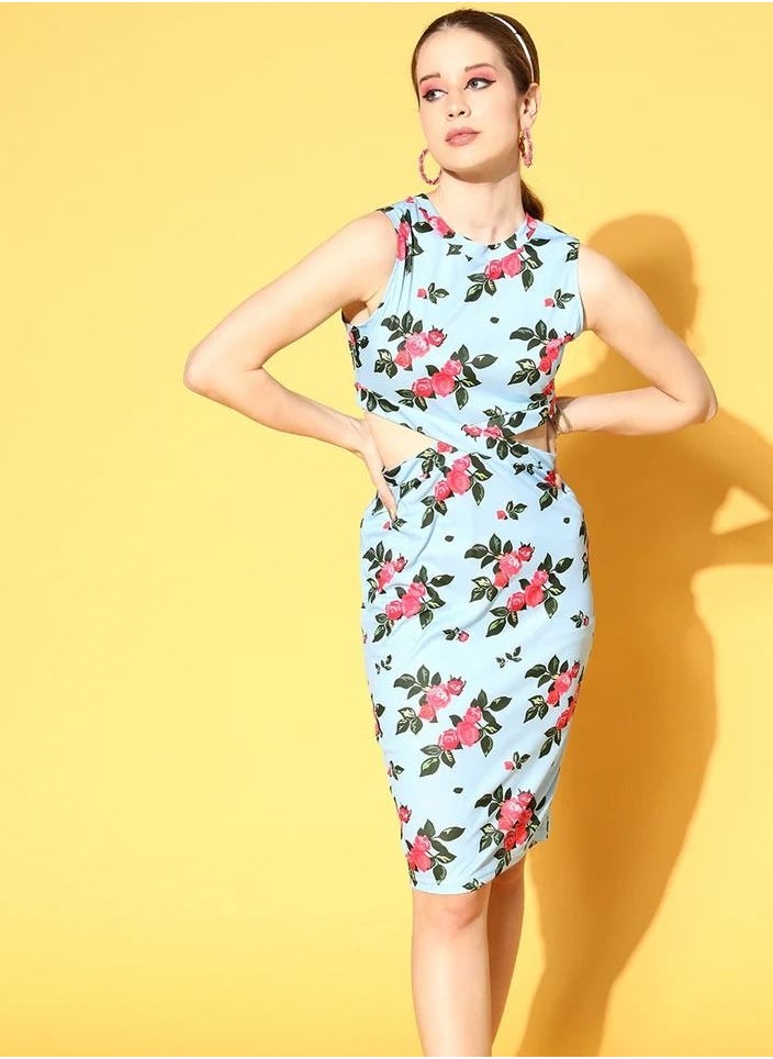 SASSAFRAS Women Blue Floral Side Cut Out Dress  - Image 2
