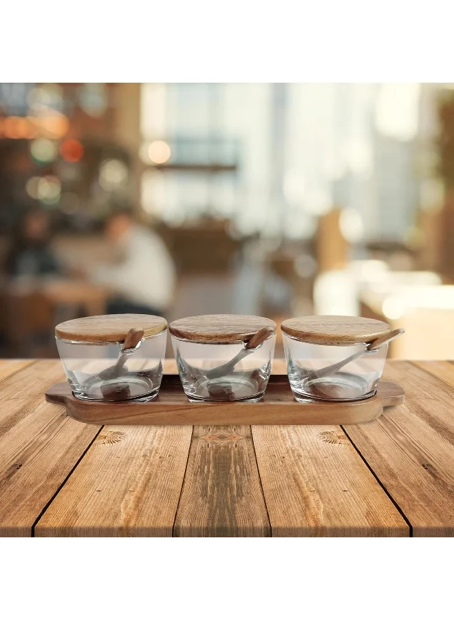 BILLI Billi 3 Condiment Set With Wood Tray Lid & Spoon