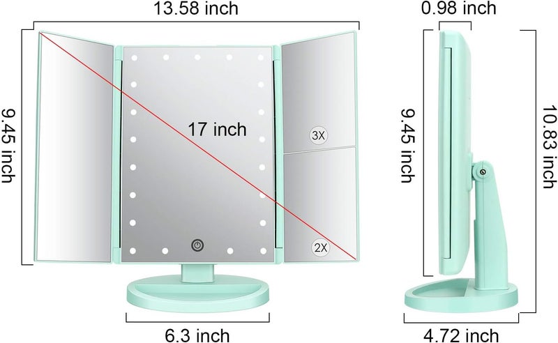deweisn Tri-Fold Lighted Vanity Tabletop Mount Mirror with 21 LED Lights, Touch Screen and 3X/2X/1X Magnification, Two Power Supply Mode Make up Mirror,Travel Mirror - Image 2
