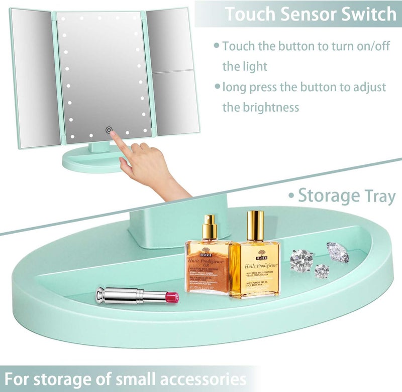 deweisn Tri-Fold Lighted Vanity Tabletop Mount Mirror with 21 LED Lights, Touch Screen and 3X/2X/1X Magnification, Two Power Supply Mode Make up Mirror,Travel Mirror - Image 5