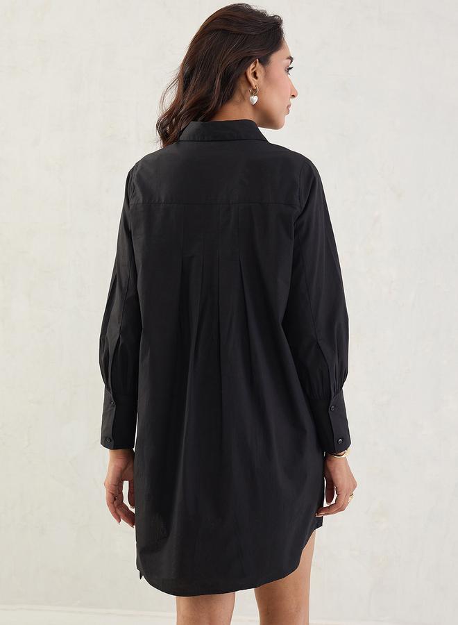 Femmella Black Solid Poplin Pleated Shirt Mini Dress with Belted Detail - Image 4