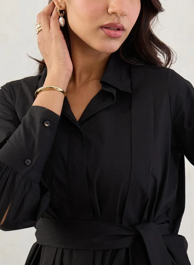 Femmella  Black Solid Poplin Pleated Shirt Mini Dress with Belted Detail for Women | Best Price UAE