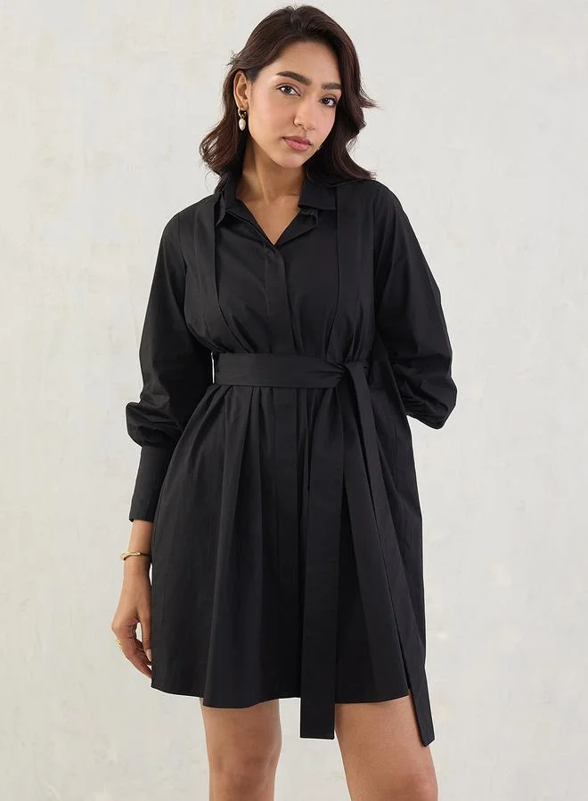 Black Solid Poplin Pleated Shirt Mini Dress with Belted Detail