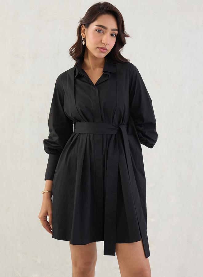 Femmella Black Solid Poplin Pleated Shirt Mini Dress with Belted Detail - Image 1