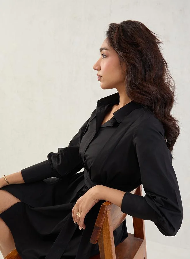 Femmella  Black Solid Poplin Pleated Shirt Mini Dress with Belted Detail for Women | Best Price UAE