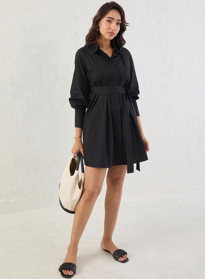 Femmella Black Solid Poplin Pleated Shirt Mini Dress with Belted Detail - Image 2