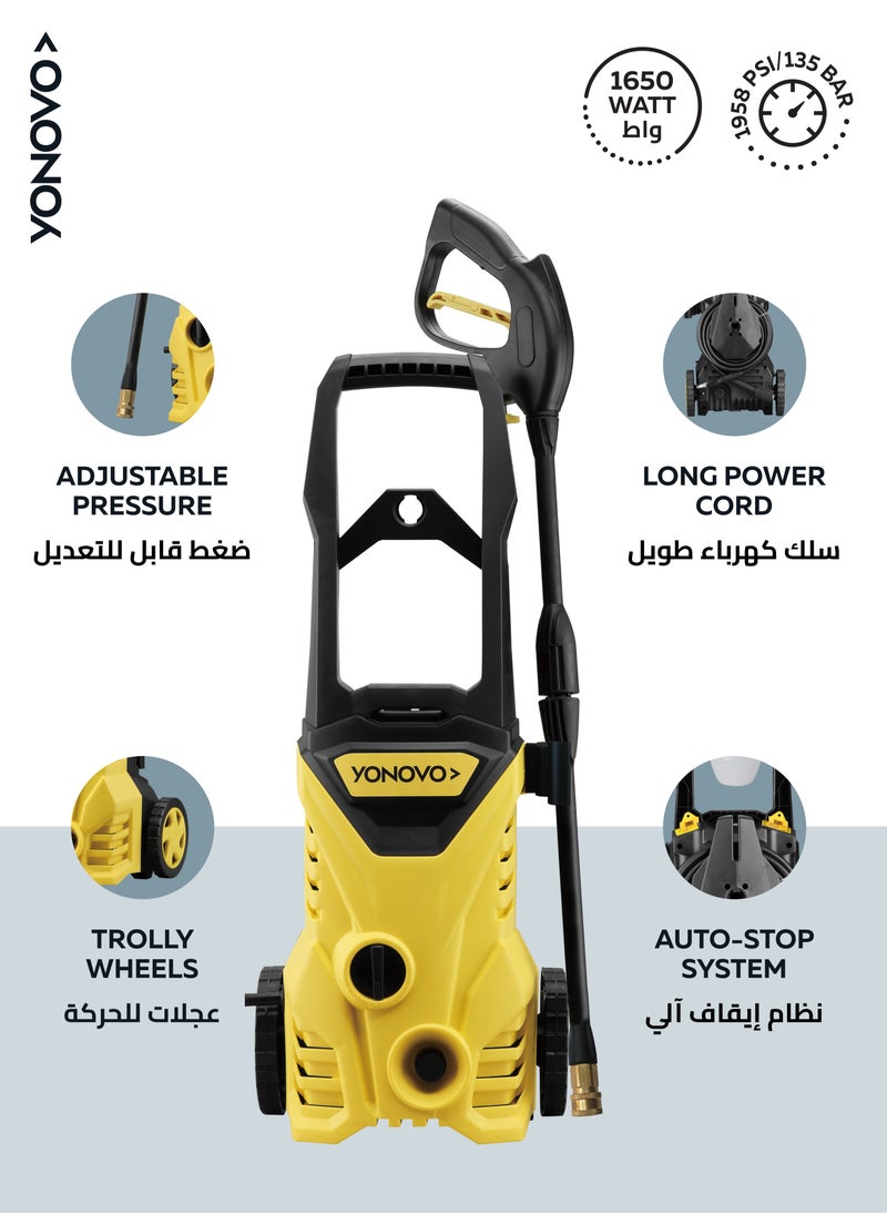 YONOVO 1650W Electric Pressure Washer - 1958 PSI / 135 BAR Heavy-Duty Cleaner for Car, Patio, and Outdoor Use | High-Pressure Washer with Adjustable Nozzle, Soap Dispenser, and Hose Reel  - Image 2