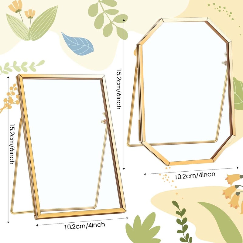 Qunclay 2 Pcs 4 x 6 Glass Pressed Flower Frame Gold Brass Clear Double Glass Floating Picture Frame for Pressed Flowers Photo Tabletop Shelf Desk Display Octagon and Rectangle Frame Only - Image 2