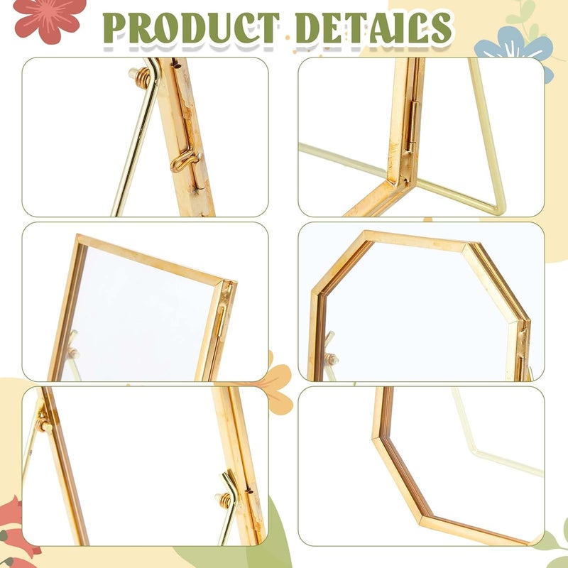 Qunclay 2 Pcs 4 x 6 Glass Pressed Flower Frame Gold Brass Clear Double Glass Floating Picture Frame for Pressed Flowers Photo Tabletop Shelf Desk Display Octagon and Rectangle Frame Only - Image 3