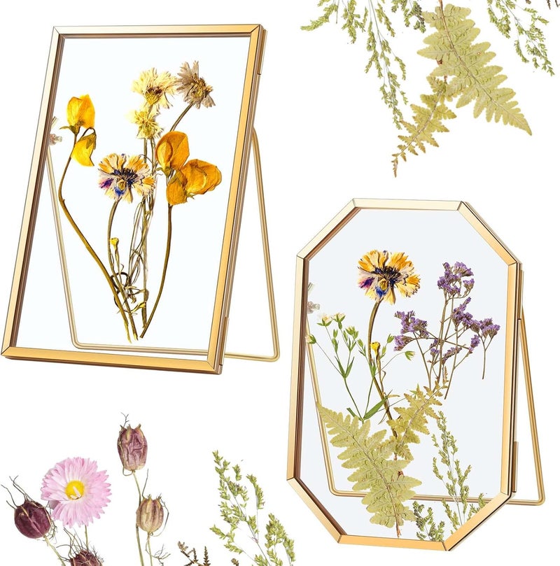 Qunclay 2 Pcs 4 x 6 Glass Pressed Flower Frame Gold Brass Clear Double Glass Floating Picture Frame for Pressed Flowers Photo Tabletop Shelf Desk Display Octagon and Rectangle Frame Only - Image 1