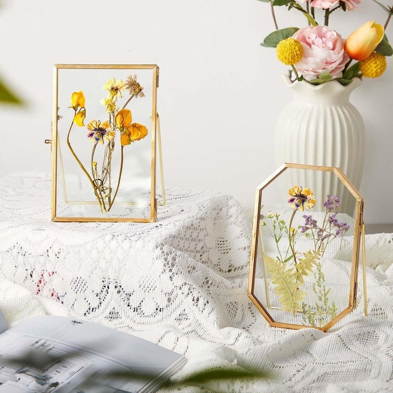 Qunclay 2 Pcs 4 x 6 Glass Pressed Flower Frame Gold Brass Clear Double Glass Floating Picture Frame for Pressed Flowers Photo Tabletop Shelf Desk Display Octagon and Rectangle Frame Only - Image 5