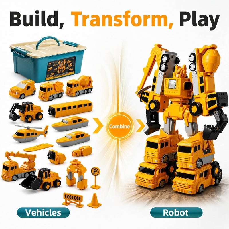 MIANQI Magnetic Construction Car Set, Yellow Transforming Robot | Storage box included for easy assembly STEM learning home activity and family trips - Image 4