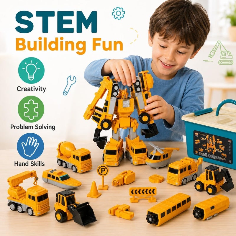 MIANQI Magnetic Construction Car Set, Yellow Transforming Robot | Storage box included for easy assembly STEM learning home activity and family trips - Image 3