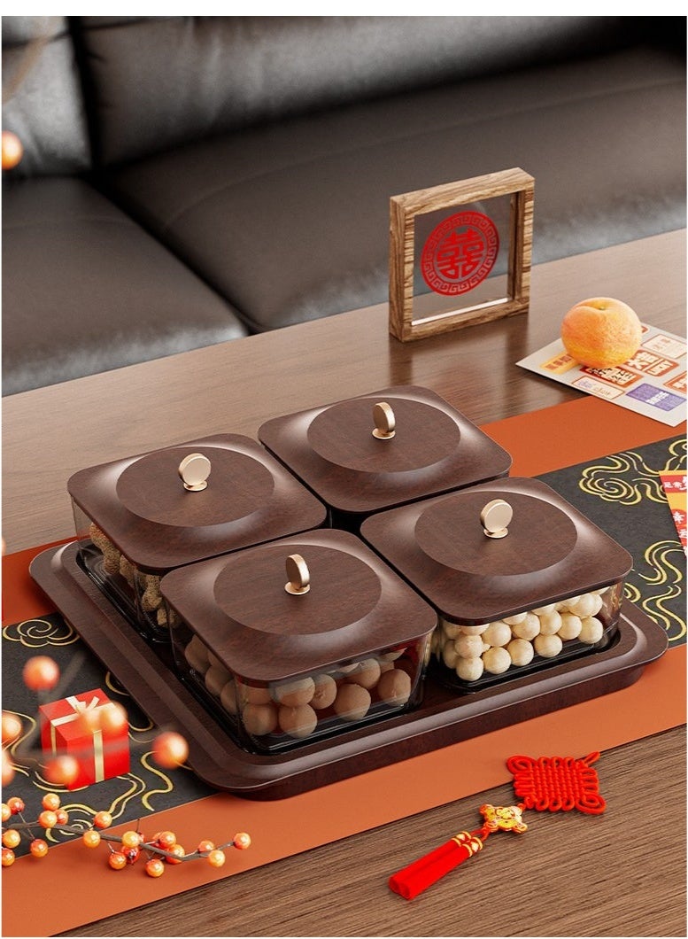 WALALLA Elegant 4-Compartment Desktop Candy Box with Airtight Lids Stylish Snack Storage for Living Room Tea Table, Ideal for Dry Fruits & Snacks Organization,Walnut - Image 3