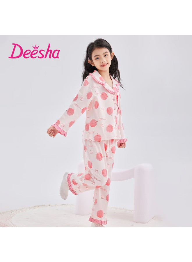 Deesha 60s High-count High-density Pure Cotton Cardigan Collar Homewear Set Pink Apple Print 150 - Image 1