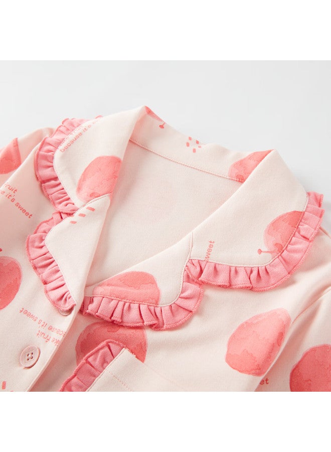 Deesha 60s High-count High-density Pure Cotton Cardigan Collar Homewear Set Pink Apple Print 150 - Image 2
