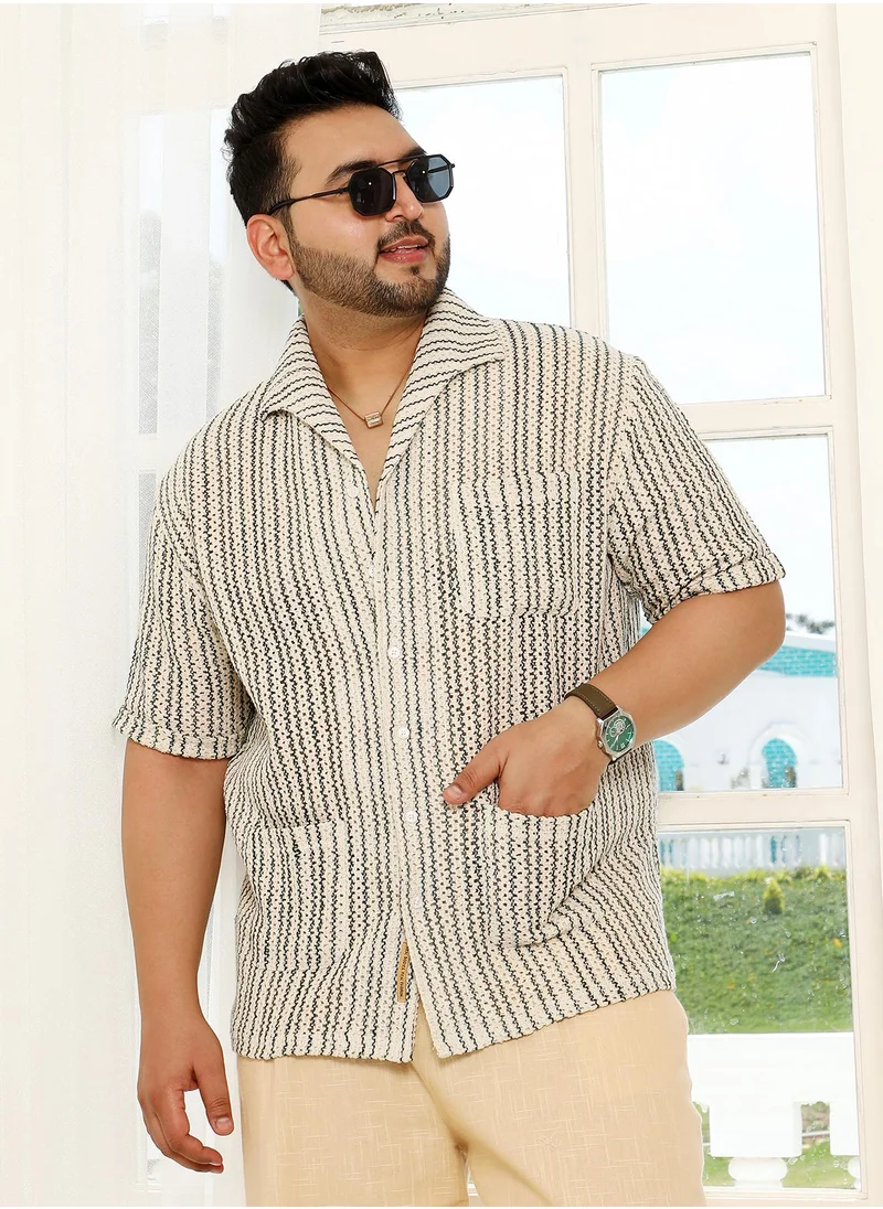 انستافاب بلس Instafab Plus Men's Off-White & Blue Striped Crochet Shirt For Casual Wear | Spread Collar | Short Sleeves | Button Closure | Plus Size Oversized Shirt Crafted With Comfort Fit For Everyday Wear
