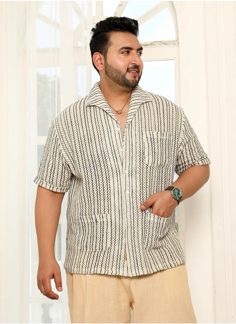 انستافاب بلس Instafab Plus Men's Off-White & Blue Striped Crochet Shirt For Casual Wear | Spread Collar | Short Sleeves | Button Closure | Plus Size Oversized Shirt Crafted With Comfort Fit For Everyday Wear