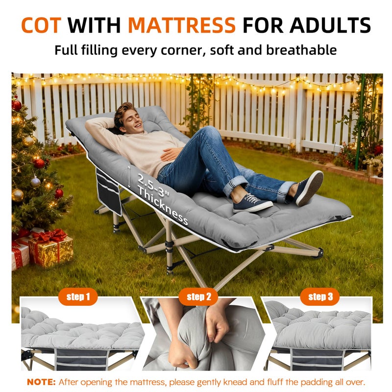 Fragess Portable Camping Cot, 600LBS Max Load, Extra Wide with Thick Mattress, Folding Cot for Outdoor Camping/Office, Home Nap (Grey) - Image 2