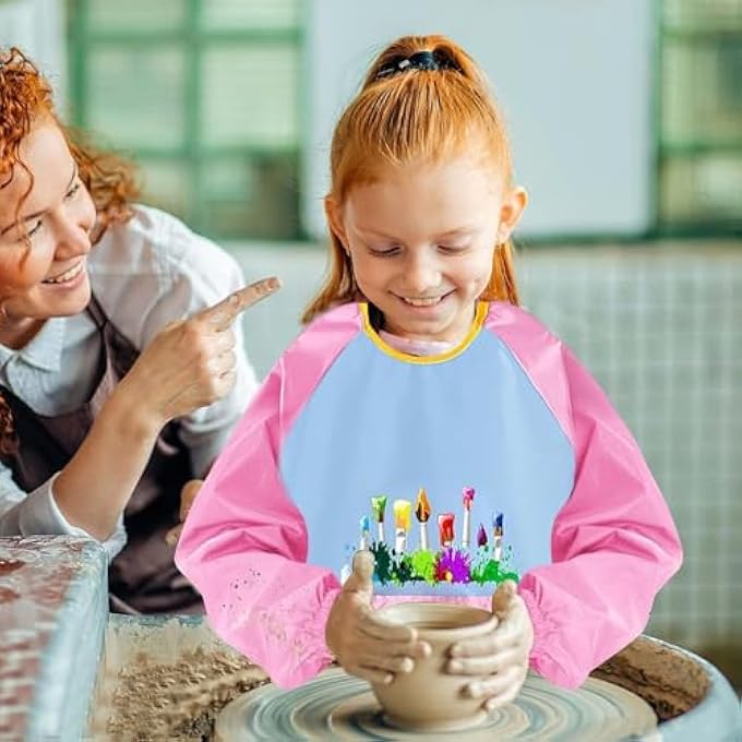 SWIUKPHE Kids Art Aprons, 2 Pcs Waterproof Long Sleeve Children Painting Apron, for Children Ages 5-12 Kids Art Smock with Pocket for Painting Cooking Eating, Artist Painting Aprons(Pink + Blue) - Image 2