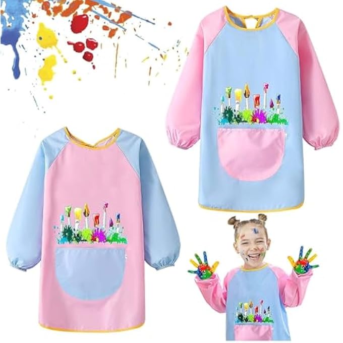 SWIUKPHE Kids Art Aprons, 2 Pcs Waterproof Long Sleeve Children Painting Apron, for Children Ages 5-12 Kids Art Smock with Pocket for Painting Cooking Eating, Artist Painting Aprons(Pink + Blue) - Image 1