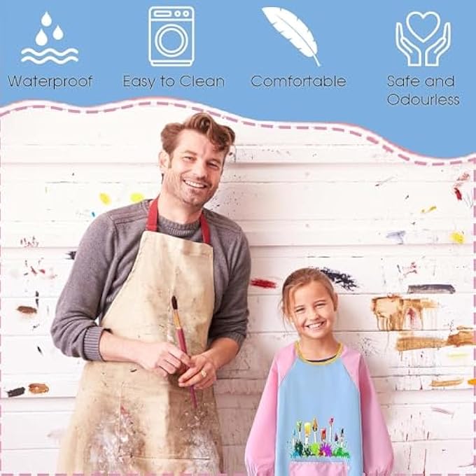 SWIUKPHE Kids Art Aprons, 2 Pcs Waterproof Long Sleeve Children Painting Apron, for Children Ages 5-12 Kids Art Smock with Pocket for Painting Cooking Eating, Artist Painting Aprons(Pink + Blue) - Image 4