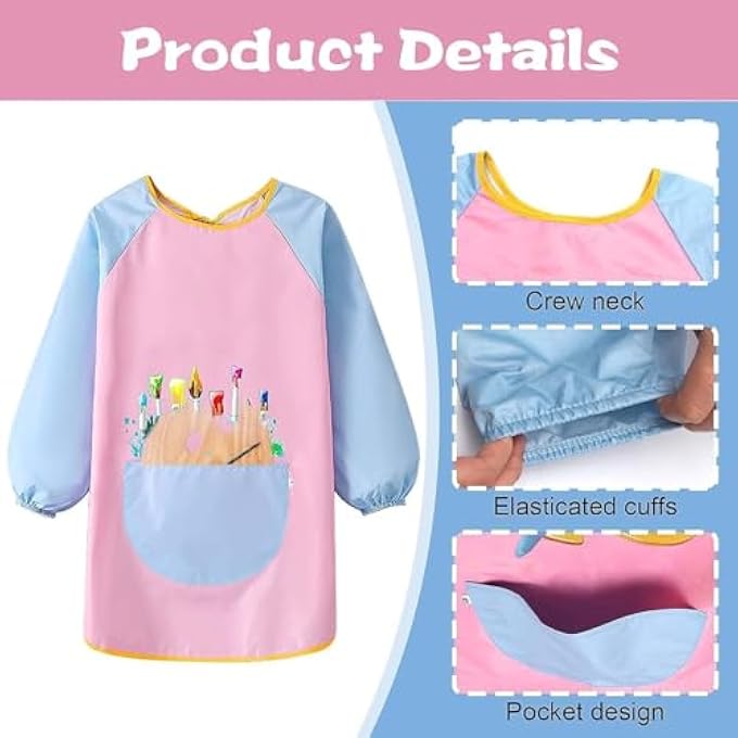 SWIUKPHE Kids Art Aprons, 2 Pcs Waterproof Long Sleeve Children Painting Apron, for Children Ages 5-12 Kids Art Smock with Pocket for Painting Cooking Eating, Artist Painting Aprons(Pink + Blue) - Image 5