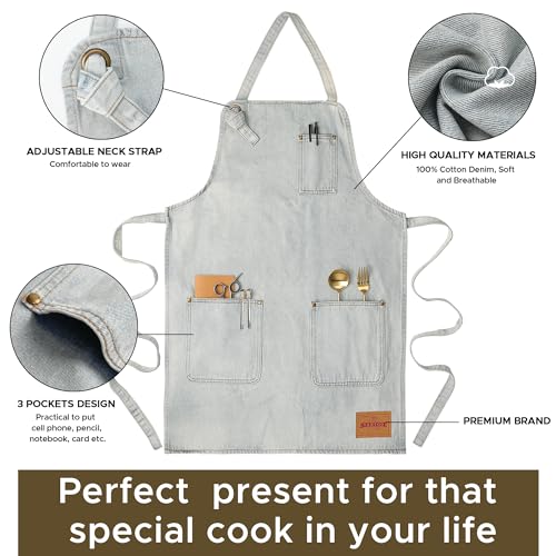 VANTOO Denim Chef Apron for Women with Pockets, Jean Waitress Server Kitchen Apron for Men Women Cooking Gardening Painting Hairstylist - Image 5