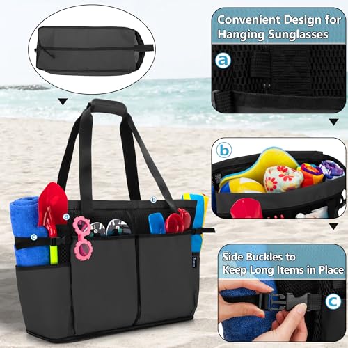 Fasrom Extra Large Mesh Beach Bag with Zipper Bottom, Oversized Tote Bag for Pool, Travel and Boating (Empty Bag Only, Patent Design), Black - Image 4