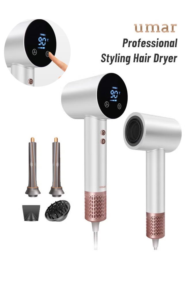umar Hair Dryer & Hair Curler Set,Professional Ionic Hair Dryer with Touch Screen Display,Fast Drying Blower Hair Dryer with Thermo-Control, Low Noise, Includes Hair Diffuser,Concentrator and Hair Curler for Perfect Styling,White - Image 1