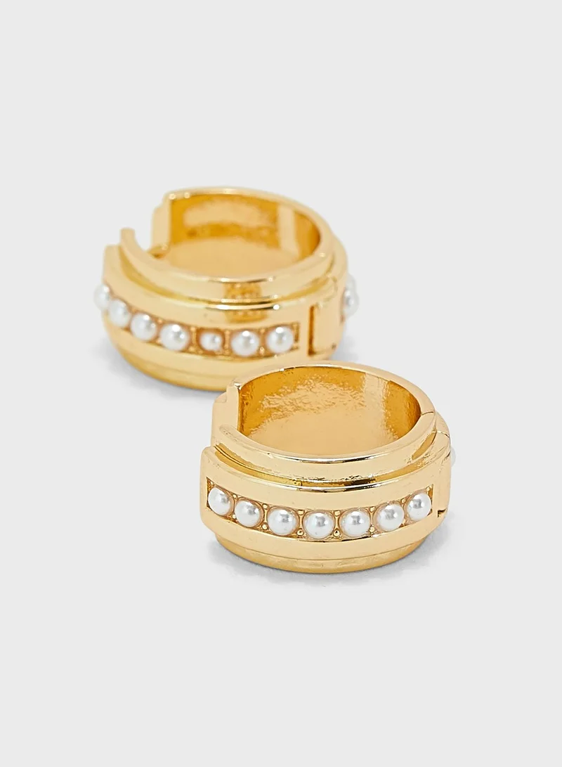 Orelia Pearl Ridged Metal Hoops Earrings