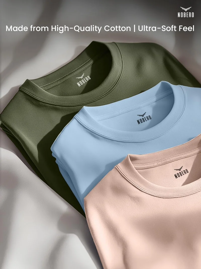 نوبيرو Men's Cotton Solid Regular Fit T-Shirt - Pack of 3