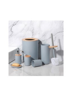 A set of 6 pieces consisting of (a basket with a wooden lid + a toilet brush on the base + a toothbrush holder + soap + a shower dispenser + a multi-use dispenser)