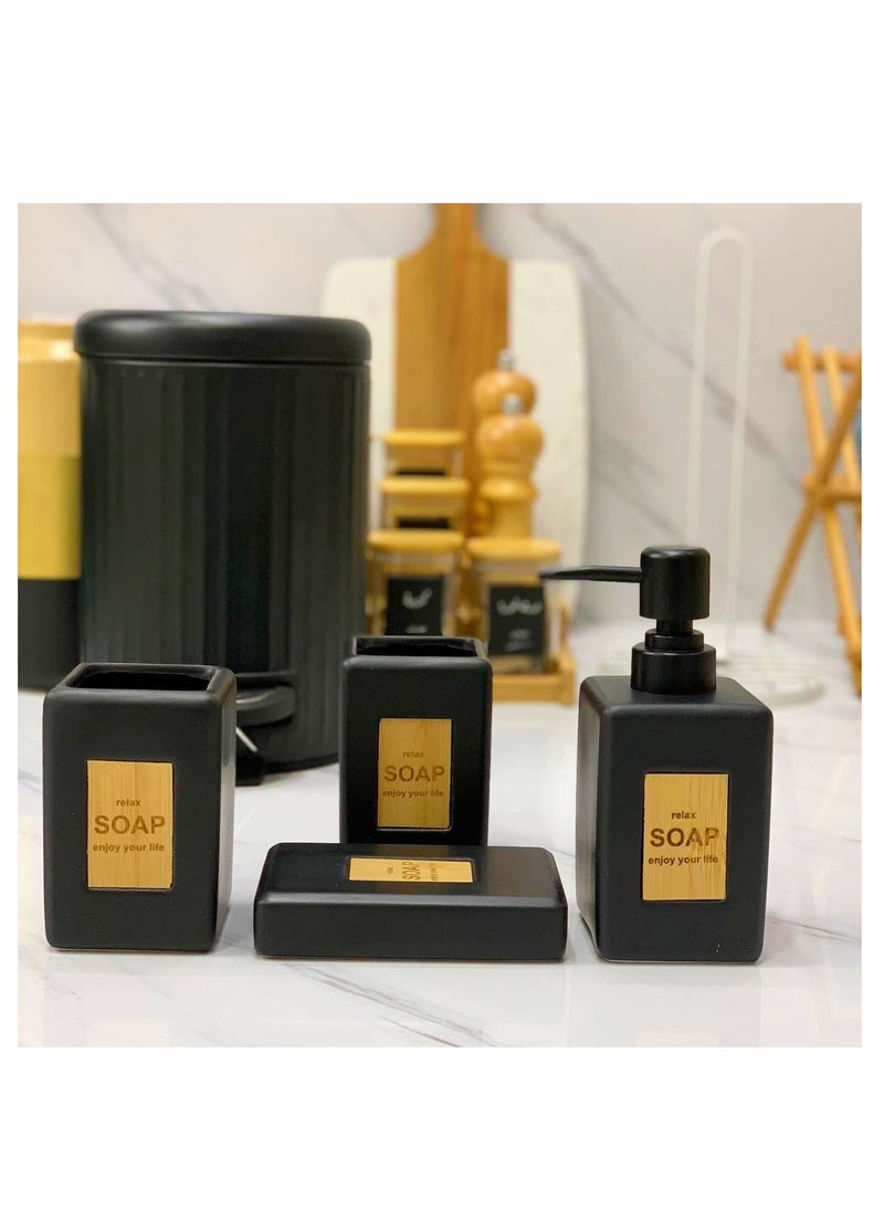 Generic - A set of 6 pieces consisting of (a basket with a wooden lid + a toilet brush on the base + a toothbrush holder + soap + a shower dispenser + a multi-use dispenser) - Image 1