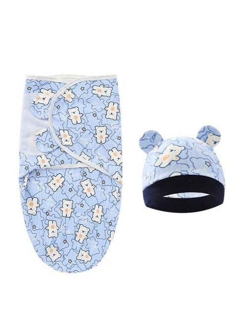 1 Pack Blue Bear Baby Swaddles with Hats for Newborn Boys and Girls Organic Cotton Adjustable Blanket Infant Cozy Sleep Sack