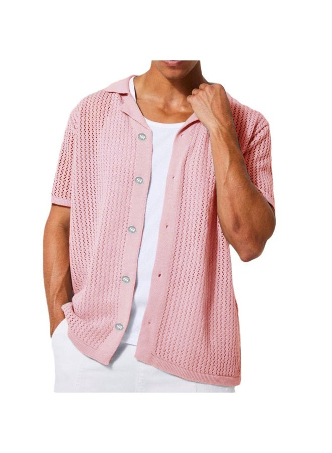 NIBEMINENT Men's Knitted Short Sleeve Shirt Summer Cool Hollow Out Cardigan Casual Lapel Tops Solid All-match Knit T-shirt Male - Image 1