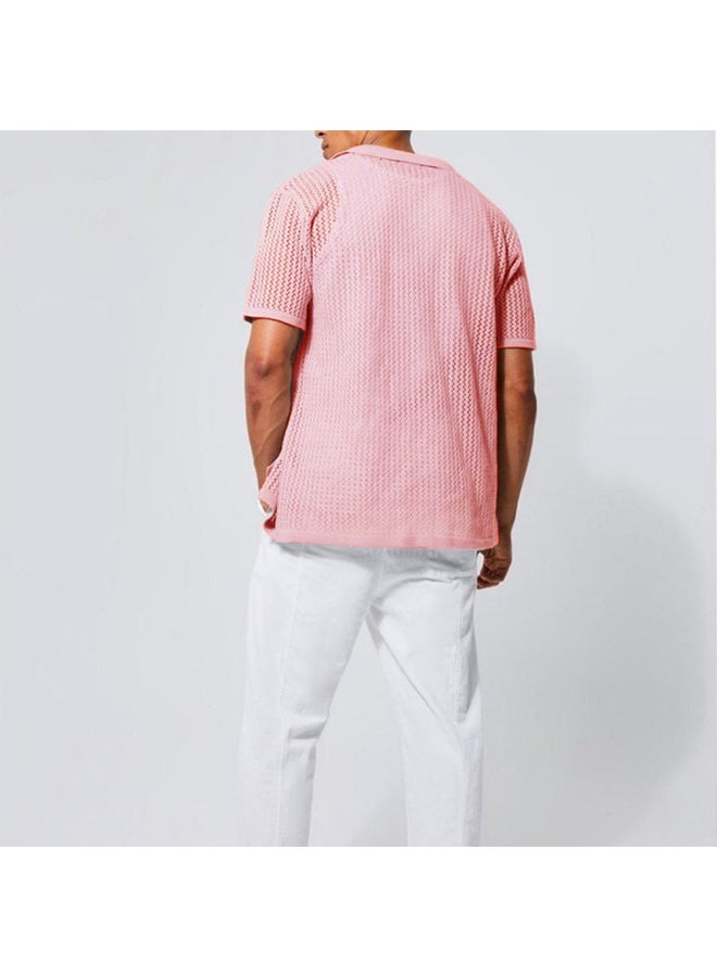 NIBEMINENT Men's Knitted Short Sleeve Shirt Summer Cool Hollow Out Cardigan Casual Lapel Tops Solid All-match Knit T-shirt Male - Image 2