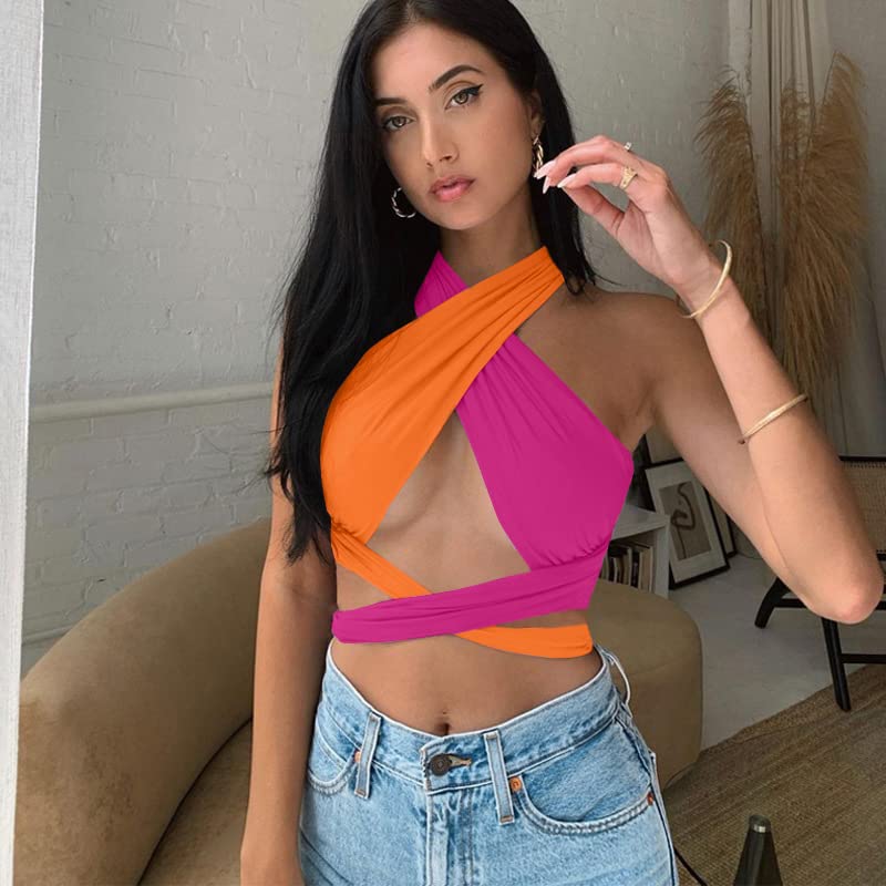 ZAFUL توب كروب مزين بألوان متباينة من زافول للنساء بتصميم ربط متقاطع متعدد الاستخدامات باللون البرتقالي - Image 3