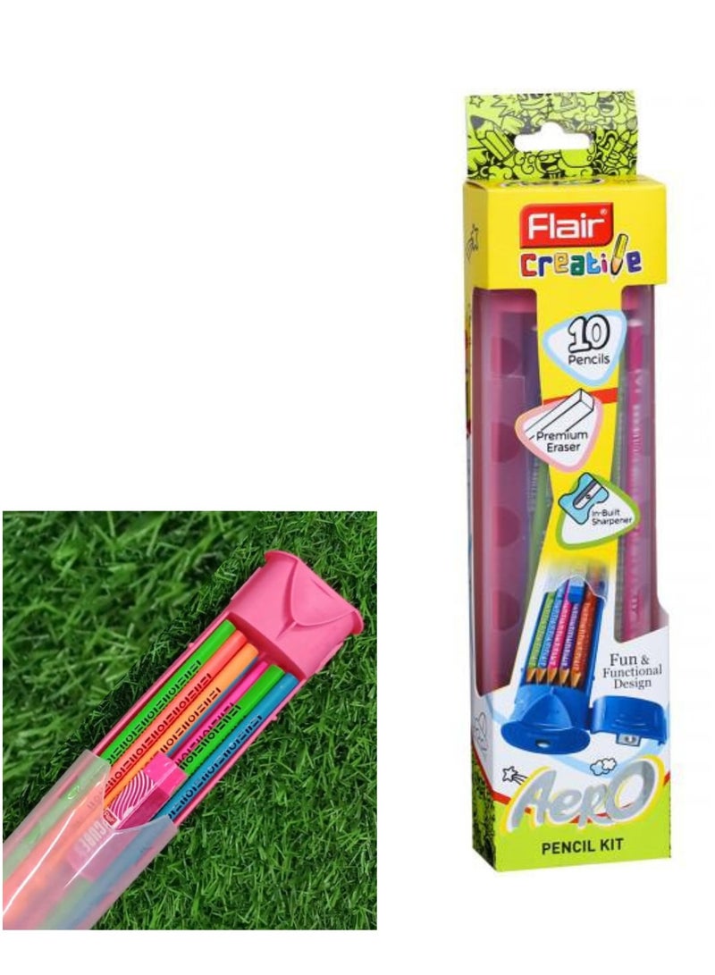 فلير مجموعة FLAIR Creative Series Aero Pencil الذكية | أقلام الرصاص الملونة 2B | صندوق ممتع وعملي | مجموعة أدوات مكتبية مثالية للهدايا | مجموعة مكونة من 10 أقلام رصاص خشبية وممحاة ومبراة مدمجة. لون القرنفل - Image 1