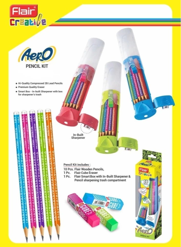 فلير مجموعة FLAIR Creative Series Aero Pencil الذكية | أقلام الرصاص الملونة 2B | صندوق ممتع وعملي | مجموعة أدوات مكتبية مثالية للهدايا | مجموعة مكونة من 10 أقلام رصاص خشبية وممحاة ومبراة مدمجة. لون القرنفل - Image 4