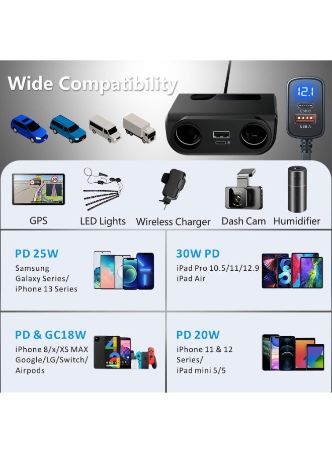 محول شاحن سيارة، موزع ولاعة سجائر بقوة ١٢٠ واط، شاحن هاتف USB بتقنية QC 3.0 وPD مع مقبسين للسجائر، قابس محول ولاعة سيارة ١٢ فولت/٢٤ فولت مزود بفولتمتر LED، شحن سريع للهاتف. - Image 4