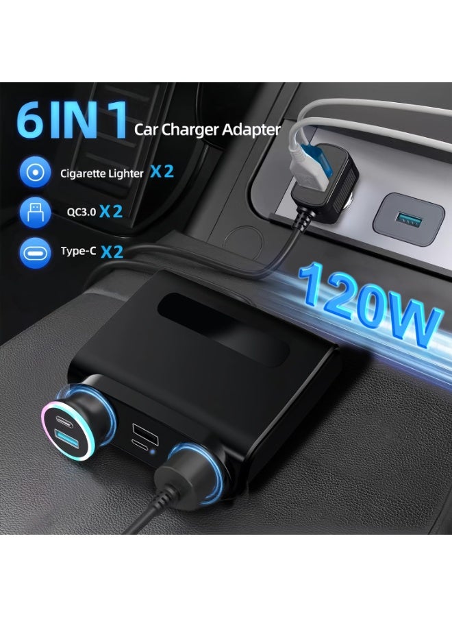 محول شاحن سيارة، موزع ولاعة سجائر بقوة ١٢٠ واط، شاحن هاتف USB بتقنية QC 3.0 وPD مع مقبسين للسجائر، قابس محول ولاعة سيارة ١٢ فولت/٢٤ فولت مزود بفولتمتر LED، شحن سريع للهاتف. - Image 2