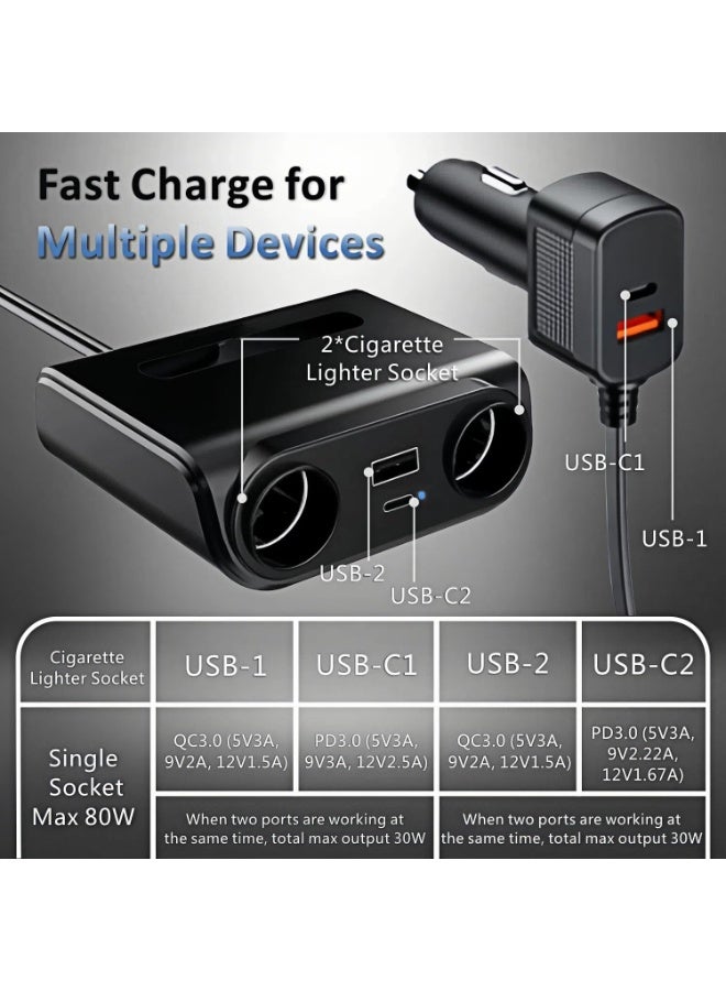 محول شاحن سيارة، موزع ولاعة سجائر بقوة ١٢٠ واط، شاحن هاتف USB بتقنية QC 3.0 وPD مع مقبسين للسجائر، قابس محول ولاعة سيارة ١٢ فولت/٢٤ فولت مزود بفولتمتر LED، شحن سريع للهاتف. - Image 3