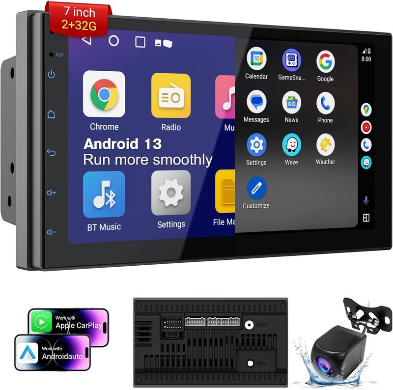 Haudio 7-inch Android Universal Double Din Car Stereo - CarPlay & Android Auto, GPS Navigation, 2GB+32GB, FM Radio, HD Display, Mirror Link, Bluetooth, AHD Backup Camera - Image 1