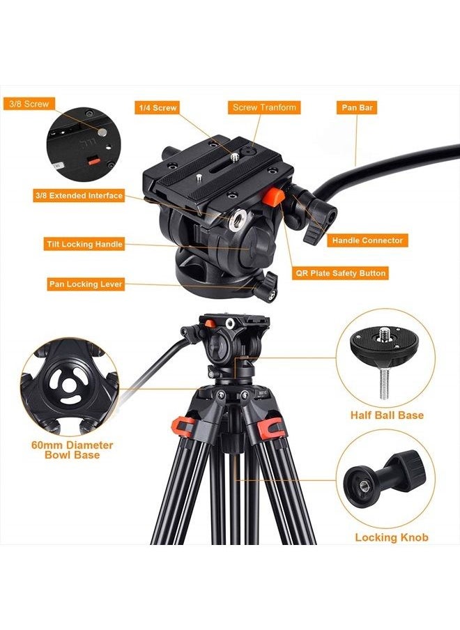 COMAN Heavy Duty Tripod Professional Video Tripod Aluminium 72inch with 360 Degree Fluid Head for Canon Nikon DSLR Camcorder Cameras Spotting Scopes  - Image 3