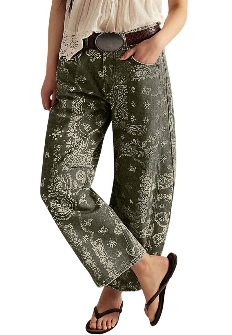 loveimgs Women Boyfriend Baggy Barrel Jeans Floral Print Denim Ankle Pants Wide Leg Mid Rise Jeans Sweatpants Y2k Patchwork (Small,Green) - Image 1