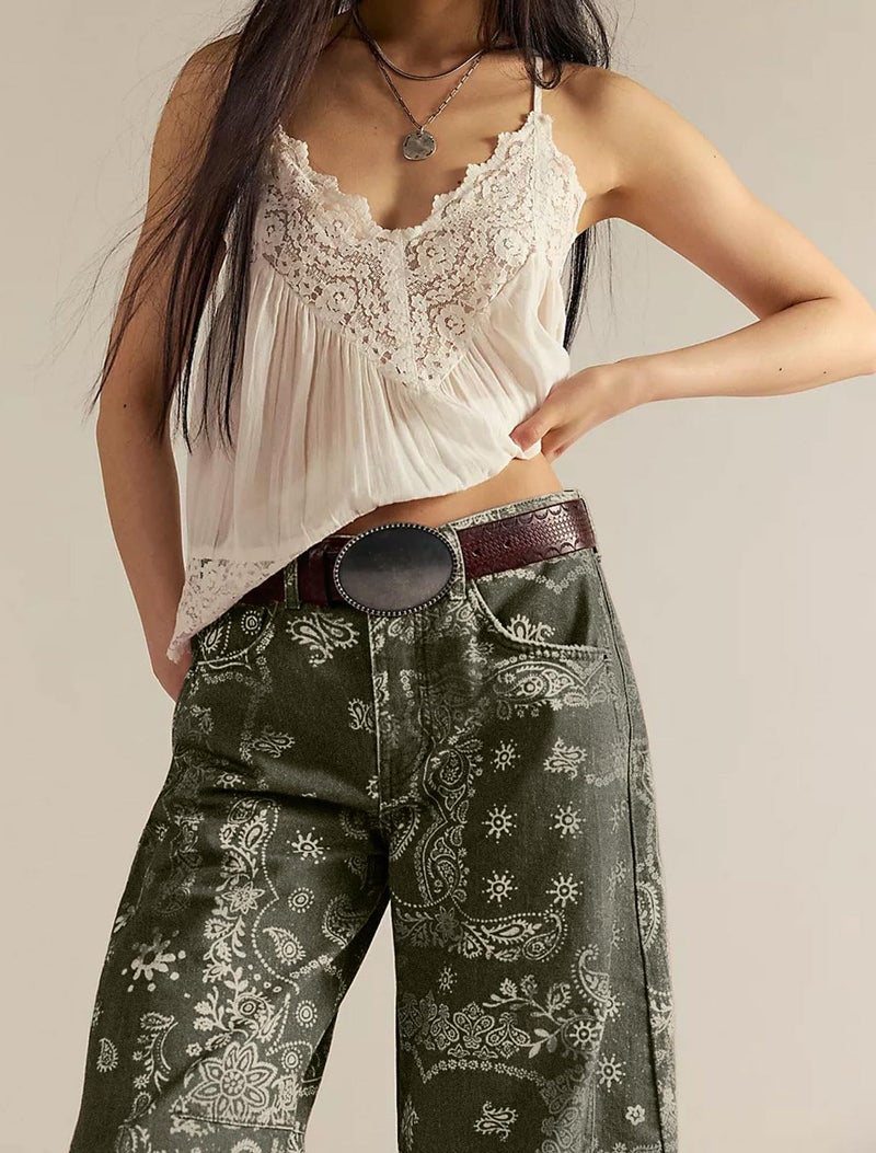 loveimgs Women Boyfriend Baggy Barrel Jeans Floral Print Denim Ankle Pants Wide Leg Mid Rise Jeans Sweatpants Y2k Patchwork (Small,Green) - Image 3